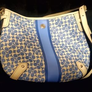 Coach Chelsea Heritage Stripe & Signature Shoulder Bag Periwinkle Blue White
